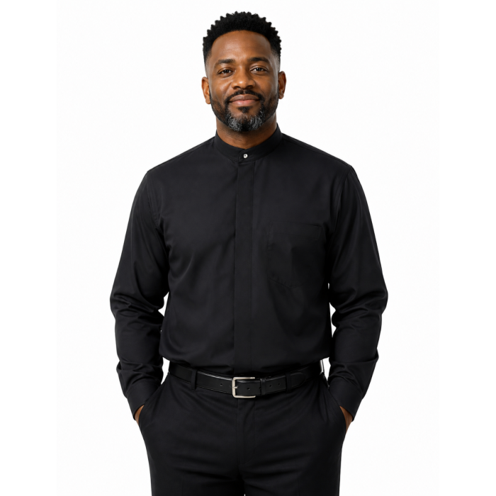 Mens Long Sleeve Standard Cuff Roman Pontiff Full Collar Clergy Shirt -  Black Elegant Clergy Wear