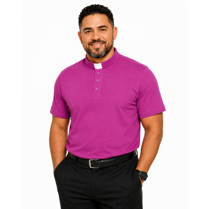 Mens Clergy Polo Short Sleeves Tab Collar Shirt (Fuchsia)