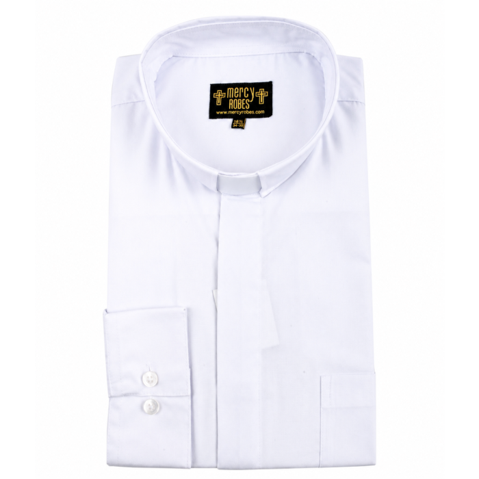 Mens Long Sleeve Standard Cuff Tab Collar Clergy Shirt (White)