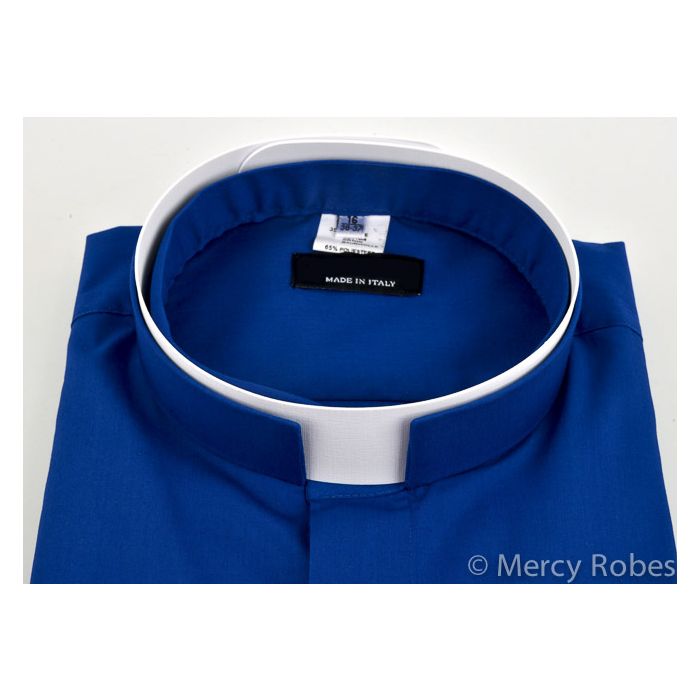 Mens Long Sleeve Premium Tonsure Collar Clergy Shirt - Royal Blue