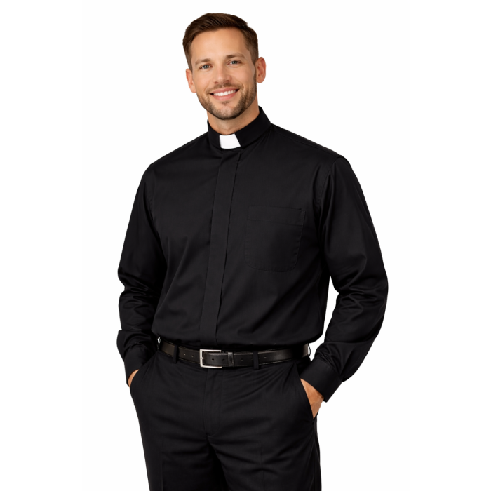 Mens Long Sleeves French Cuff Tab Clergy Shirt - Classic Black Style for Clergy Wear Mens Long Sleeves French Cuff Tab Clergy Shirt - Classic Black Style for Clergy Wear