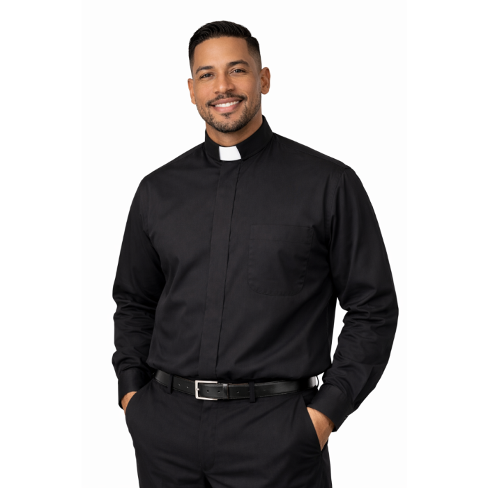 Mens Long Sleeves French Cuff Tab Clergy Shirt - Classic Black Style for  Clergy Wear