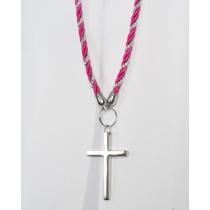 Two Tone Clergy Cord 033 (Fuchsia/Silver) With Stainless Steel Cross