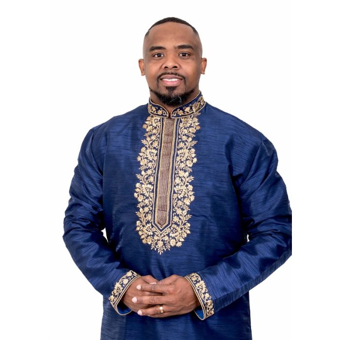 Mens Clergy Kurta Style 7455 (Navy Blue/Gold)