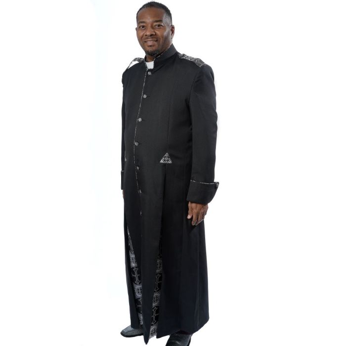 Clergy Robe Style LCR165 2 Front Pleats (Black/Black-Silver LT)