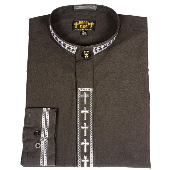 Mens Long Sleeve Neck Band Shirt (Black/White Cross Embroidery)
