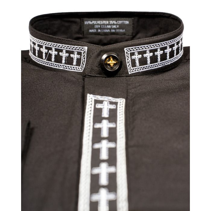 Mens Long Sleeve Neck Band Shirt (Black/White Cross Embroidery)