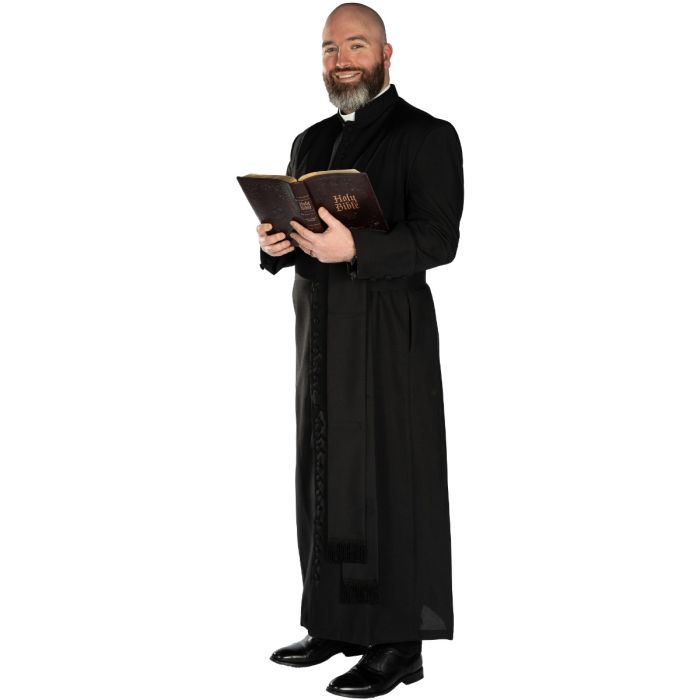 Mens 33 Button Clergy Robe With Band Cincture (Black)
