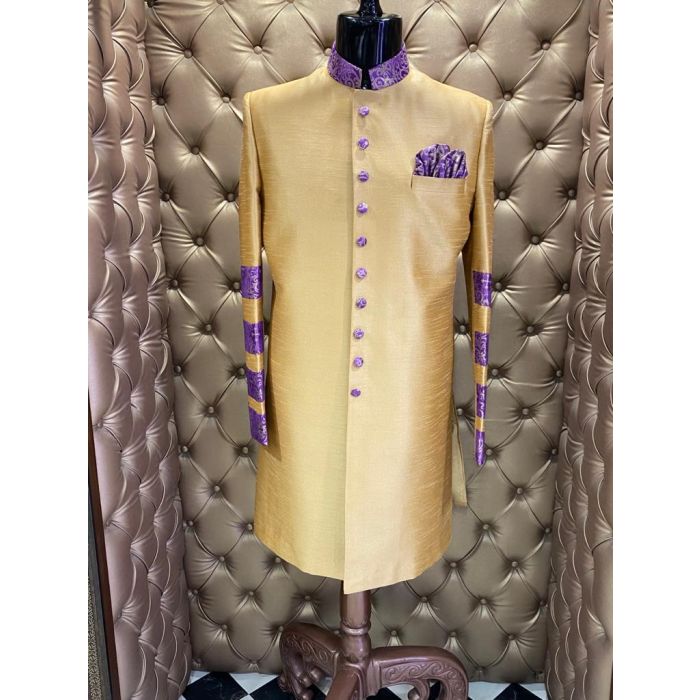 Exclusive Silk Designer Mens Short Robe Style Preaching Jacket Style 840 (Gold/Purple)