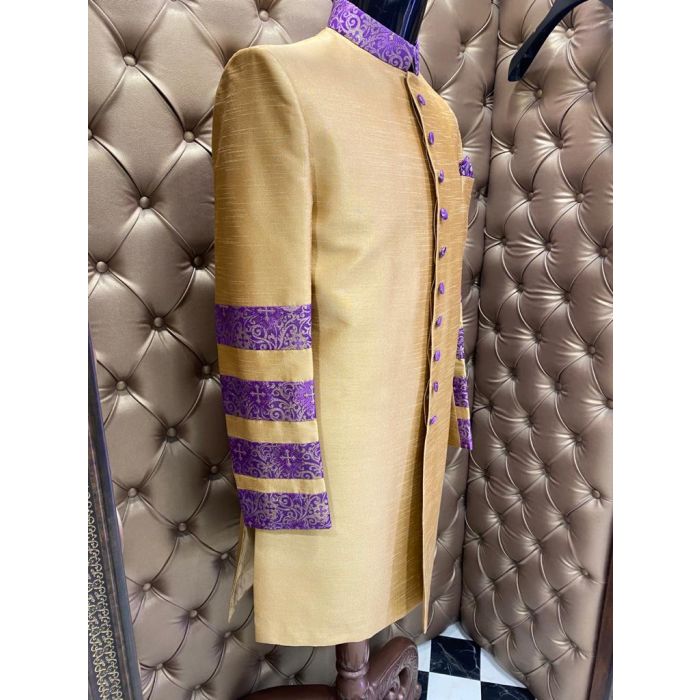 Exclusive Silk Designer Mens Short Robe Style Preaching Jacket Style 840 (Gold/Purple)