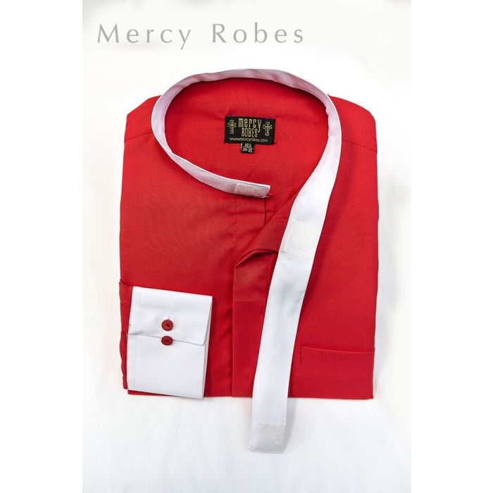 Mens Exclusive Long Sleeve Attached Full Collar Clergy Shirt (Red)