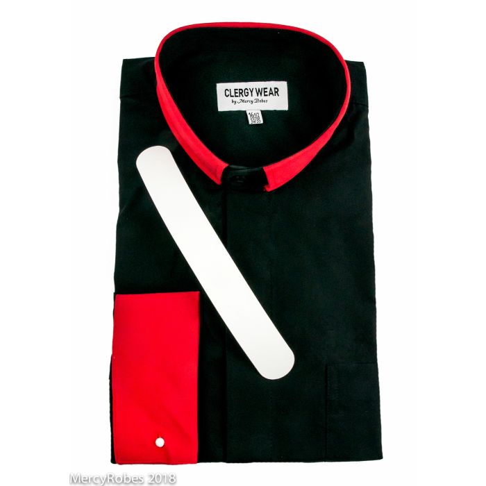 Two Tone Mens Long Sleeve Tab Collar Clergy Shirt (Black/Red)