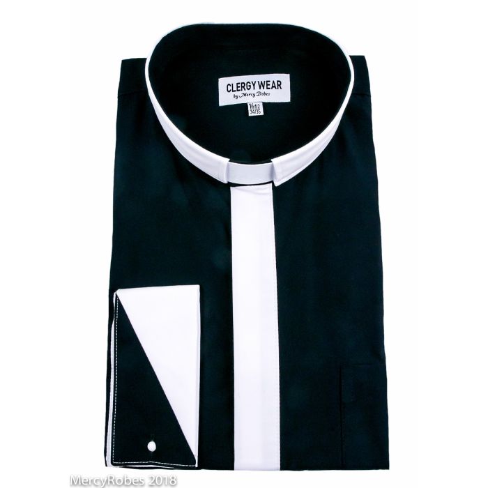 Two Tone Long Sleeve French Cuff Tab (Black/White Placket)