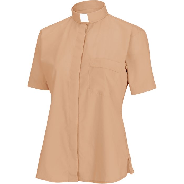 Women Short Sleeves Tab Collar Clergy Shirt (Beige)