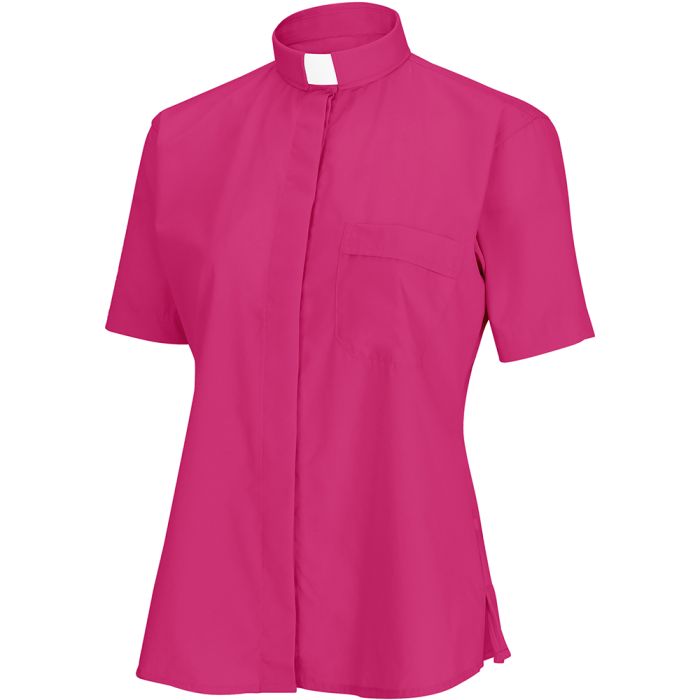 Womens Short Sleeves Tab Collar Clergy Shirt (Fuchsia)