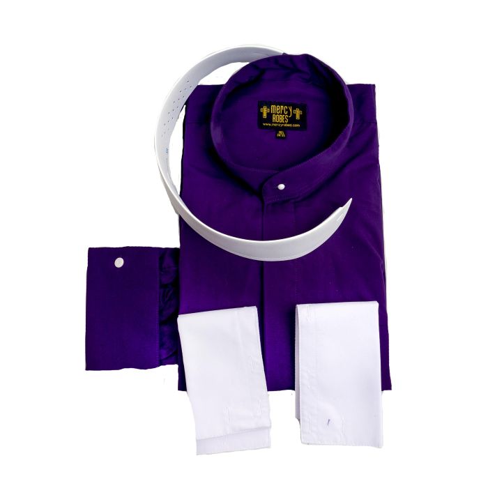 Mens Long Sleeve Roman Pontiff Full Collar Clergy Shirt (Blue Purple)