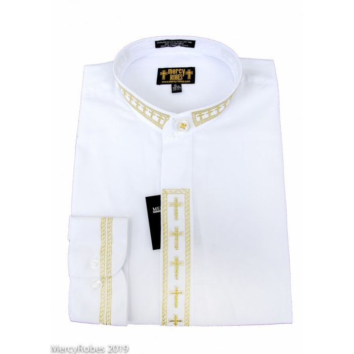Mens Long Sleeve Neck Band Shirt White Gold Cross