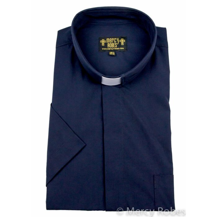 Mens Short Sleeves Tab Collar Clerical Shirt (Navy Blue)