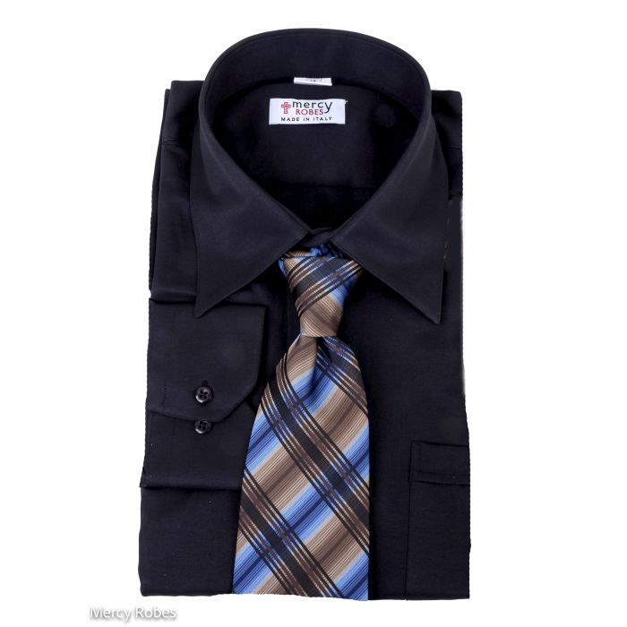 Mens Long Sleeves Tab Collar Clergy Dress Shirt (Black)