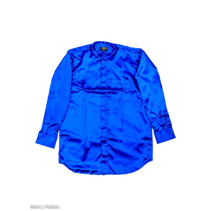 Mens Long Sleeves French Cuff Round Collar Satin Silk Clergy Shirt (Royal Blue) | Size: 19 - 36/37
