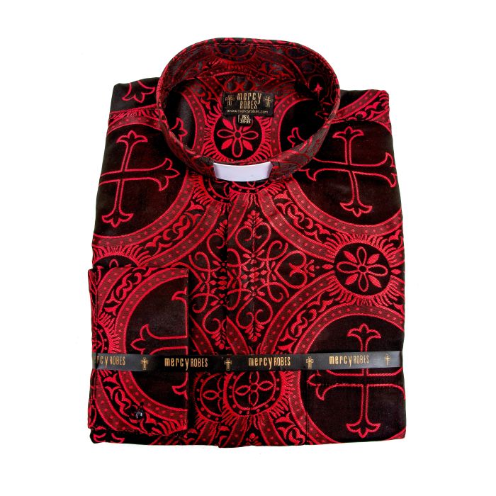 Mens Long Sleeves French Cuff Tab Collar Clergy Shirt (Black/Red LT)