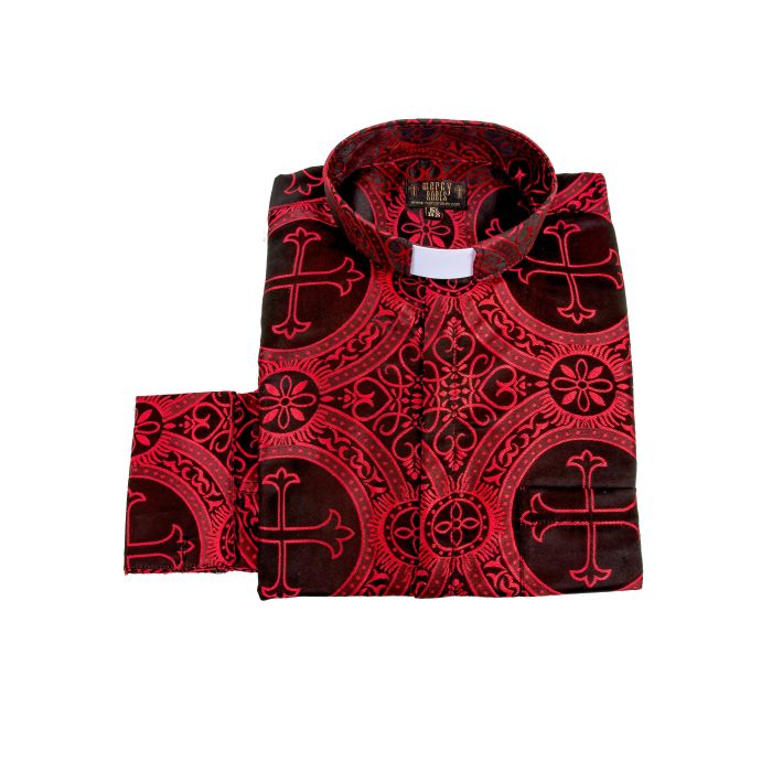 Mens Long Sleeves French Cuff Tab Collar Clergy Shirt (Black/Red LT)