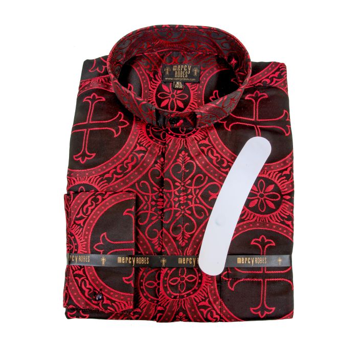 Mens Long Sleeves French Cuff Tab Collar Clergy Shirt (Black/Red LT)