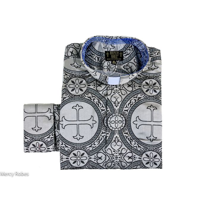 Mens Long Sleeves French Cuff Tab Collar Clergy Shirt (Silver/Black LT)
