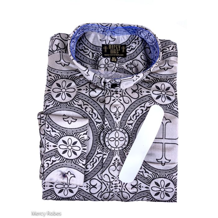 Mens Long Sleeves French Cuff Tab Collar Clergy Shirt (Silver/Black LT)