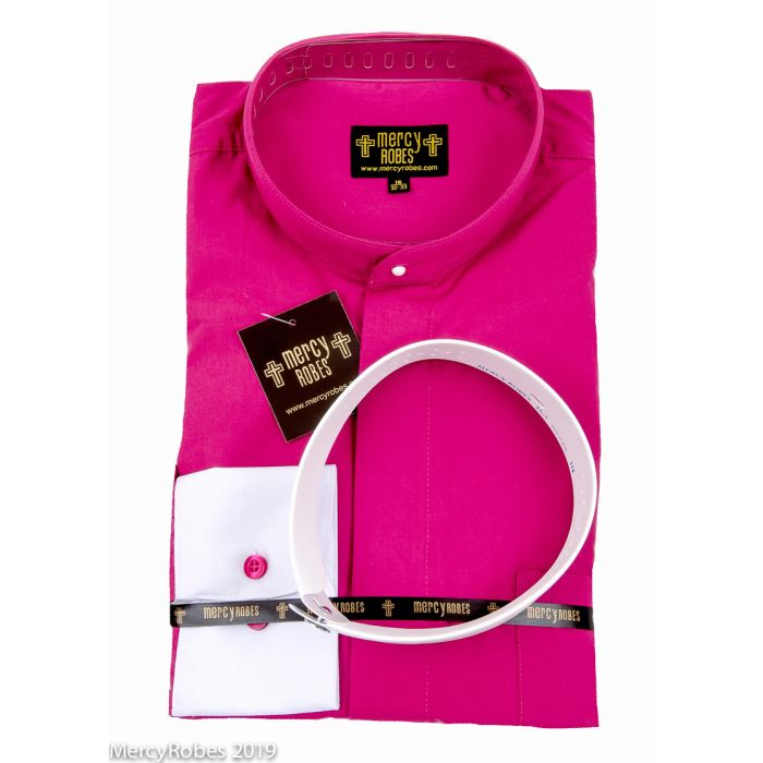 Mens Long Sleeve Clergy Shirt W/Contrast White Cuff (Fuchsia)