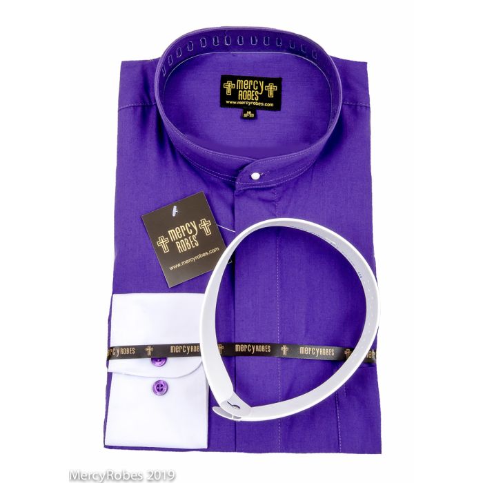 Mens Long Sleeve Clergy Shirt with Contrast White Cuff in Roman Purple -  Stylish and Professional Attire