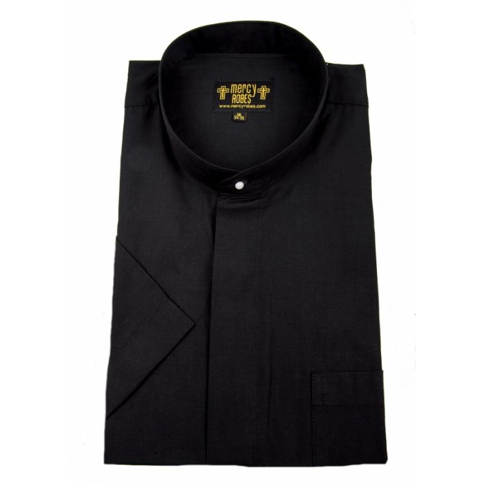 Mens Short Sleeve Roman Collar Clerical Shirt - Classic Black