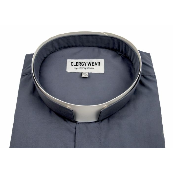 Mens Long Sleeve Tonsure Collar Clergy Shirt (Dark Grey) 01