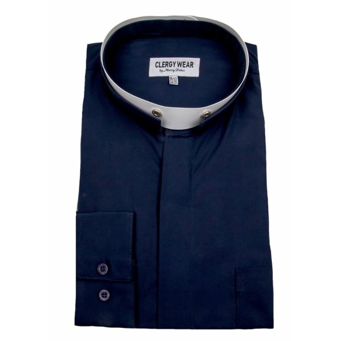 Mens Long Sleeve Tonsure Collar Clergy Shirt (Navy Blue) Mens Long Sleeve Tonsure Collar Clergy Shirt (Navy Blue)