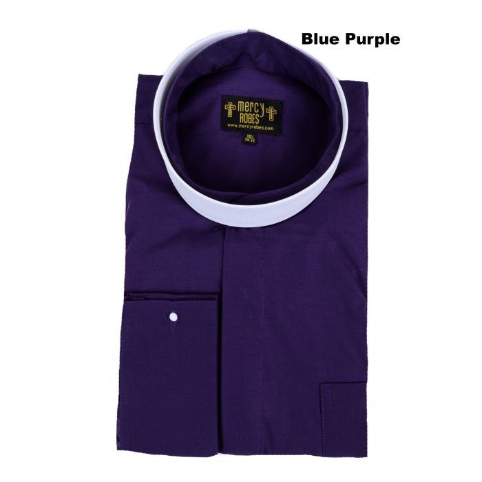 Mens Long Sleeve Roman Pontiff Full Collar Clergy Shirt (Blue Purple)