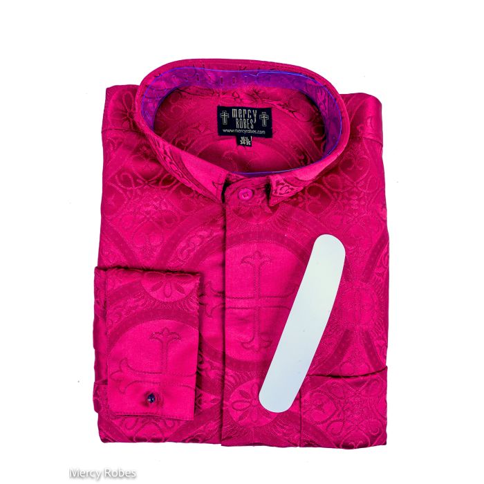 Mens Long Sleeves French Cuff Tab Collar Clergy Shirt (Fuchsia LT)