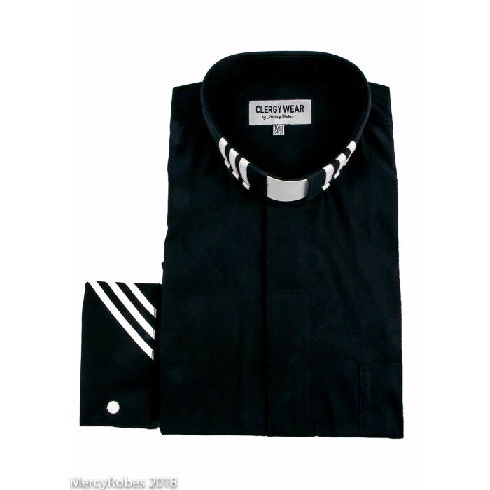 Two Tone Mens Long Sleeve Tab Collar Clergy Shirt Black White Stripe