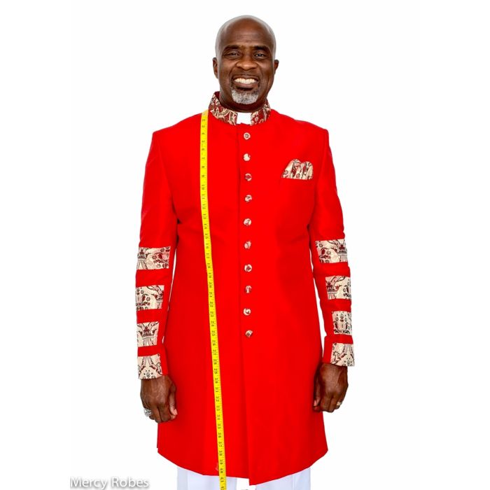 Exclusive Silk Designer Mens Short Robe Style Preaching Jacket Style 840 Red Gold