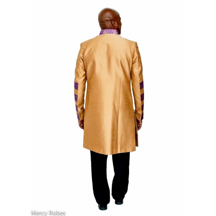 Exclusive Silk Designer Mens Short Robe Style Preaching Jacket Style 840 (Gold/Purple)