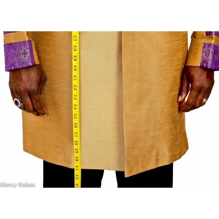 Exclusive Silk Designer Mens Short Robe Style Preaching Jacket Style 840 (Gold/Purple)