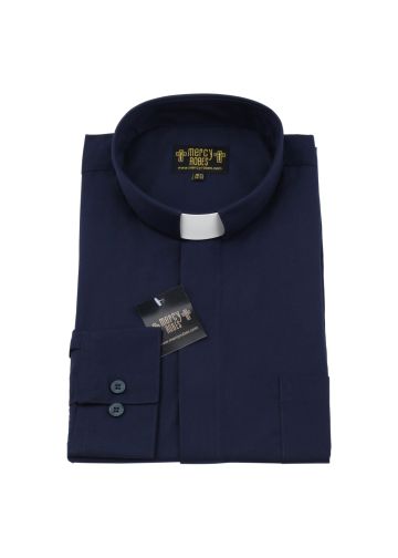 Mens Long Sleeve Standard Cuff Tab Collar Clergy Shirt (Navy Blue)