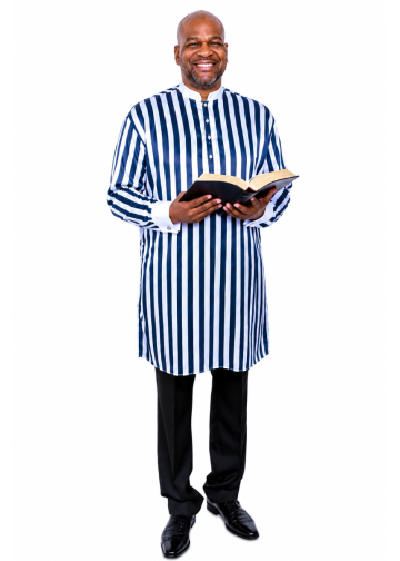 Mens Pinstripe French Cuff Clergy Kurta Shirt (White/Black)