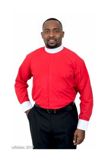 Mens Long Sleeve Clergy Shirt W/Contrast White Cuff (Red)