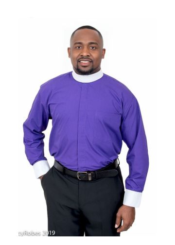 Mens Long Sleeve Clergy Shirt W/Contrast White Cuff (Roman Purple)