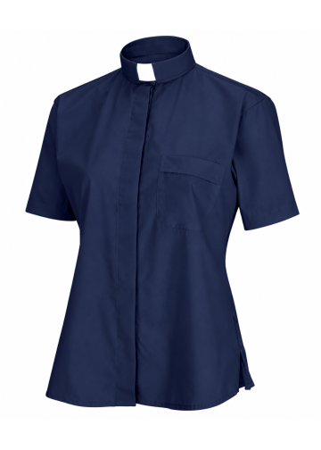 Womens Short Sleeves Tab Collar Clergy Shirt (Navy Blue)