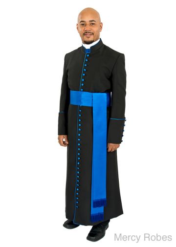 33 Button Clergy Cassock Robe (Black/Royal Blue) With Band Cincture