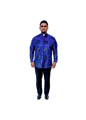 Mens Long Sleeves French Cuff Tab Collar Clergy Shirt (Royal Blue/Black LT)