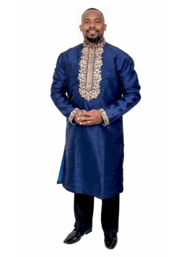 Mens Clergy Kurta Style 7455 (Navy Blue/Gold)