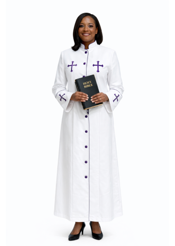 Womens Clergy Robe Style LR123 (White with Purple Embroidery)