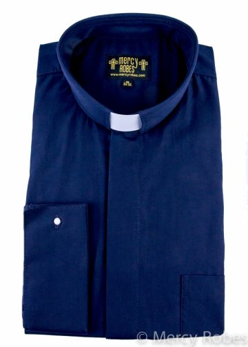 Mens Long Sleeve French Cuff Tab Collar Clergy Shirt (Navy Blue)